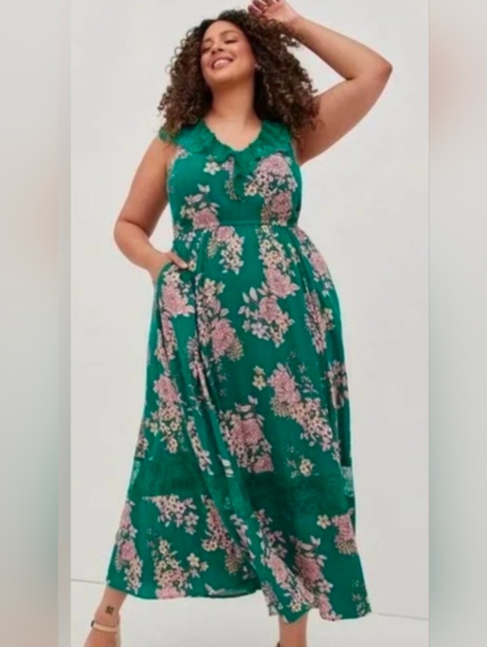 torrid Green Floral Maxi Dress with light Pink Blooms size 1X